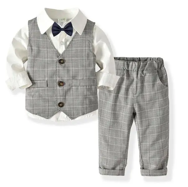 White Grey Одежда для мальчиков; комплекты для джентльменов; вязаный жилет; рубашка; брюки; комплект; детские костюмы с бантом; пальто; топы; полосатая одежда; одежда для близнецов - Цвет: White Grey