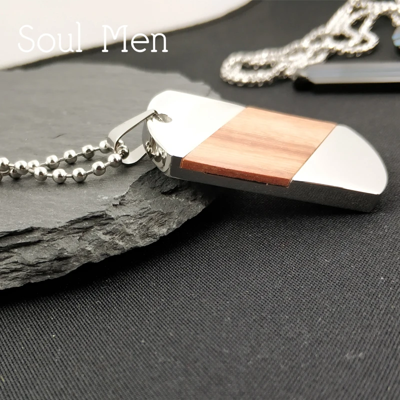 

Soul Men Women High Polish Titanium Steel Necklace Pendant with Natural Wood Unique Dog Tag Silver Color Custom Name Date Free
