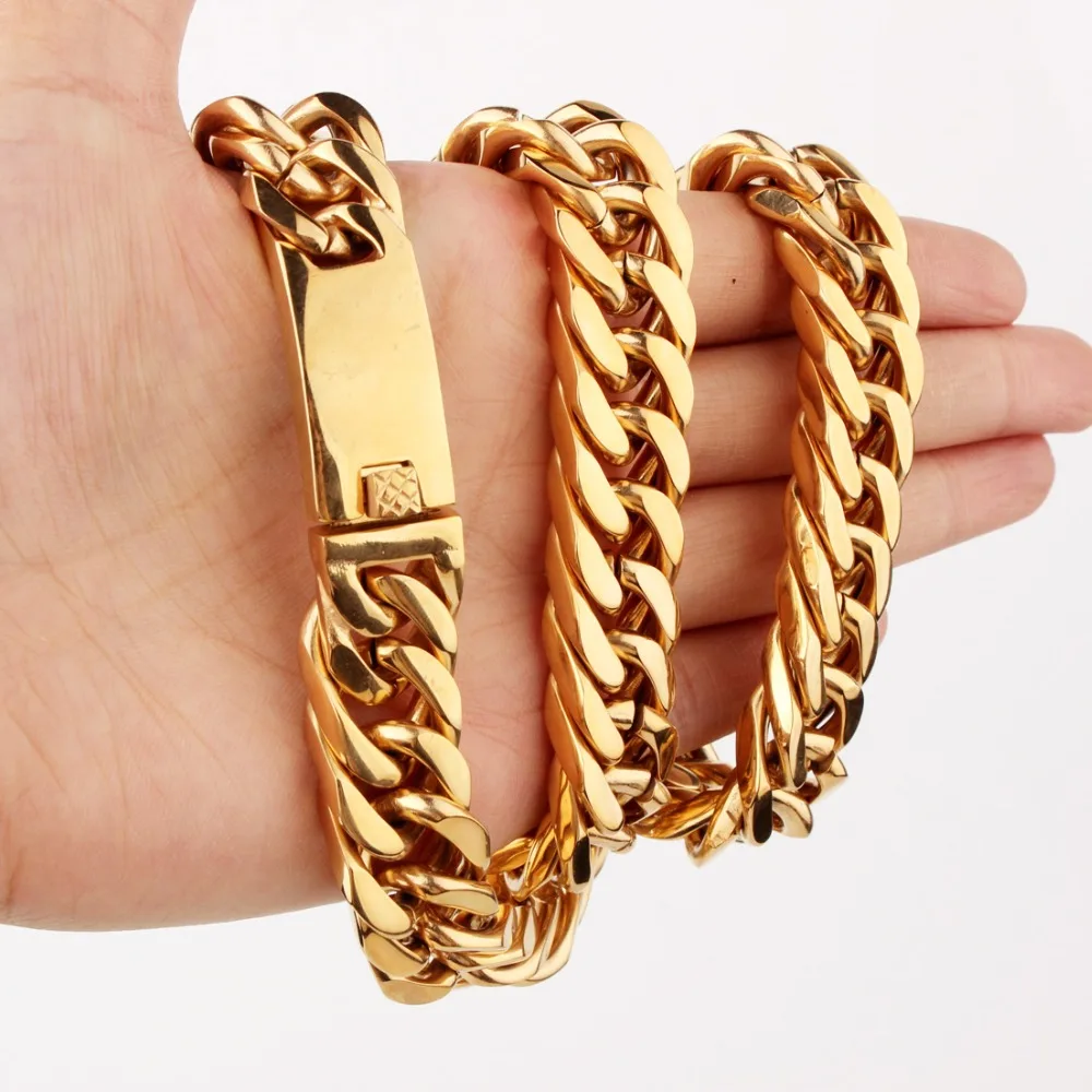 

Gold Tone Chain For Men 15MM Wide Neck Heavy Necklaces Hip Hop 316LStainless Steel Cuban Curb Chain Necklace 7-40inch