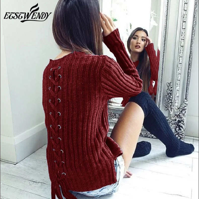

2019 New Winter Warm Long Sleeve O-Neck Bandage Black Gray Casual Sweater Female Lace up Sweater Autumn Fashion Women Clothes