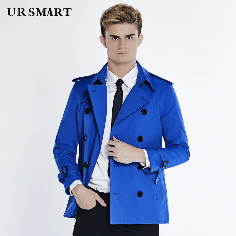 URSMART двубортный плащ, короткая мужская Осенняя Новая модная мужская ветровка, медовый желтый плащ-Пыльник - Цвет: Sapphire blue
