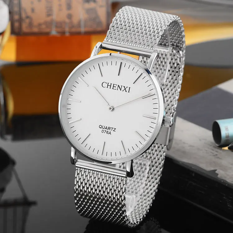 Мужские кварцевые часы CHENXI из нержавеющей стали с сетчатым ремешком Серебристые