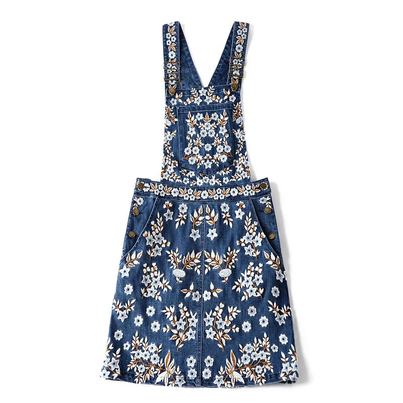 

Women Clothing Summer New Floral Embroidery Denim Dresses Girls Blue Slim Strap Short Jeans Dress High Quality Vogue Roupas