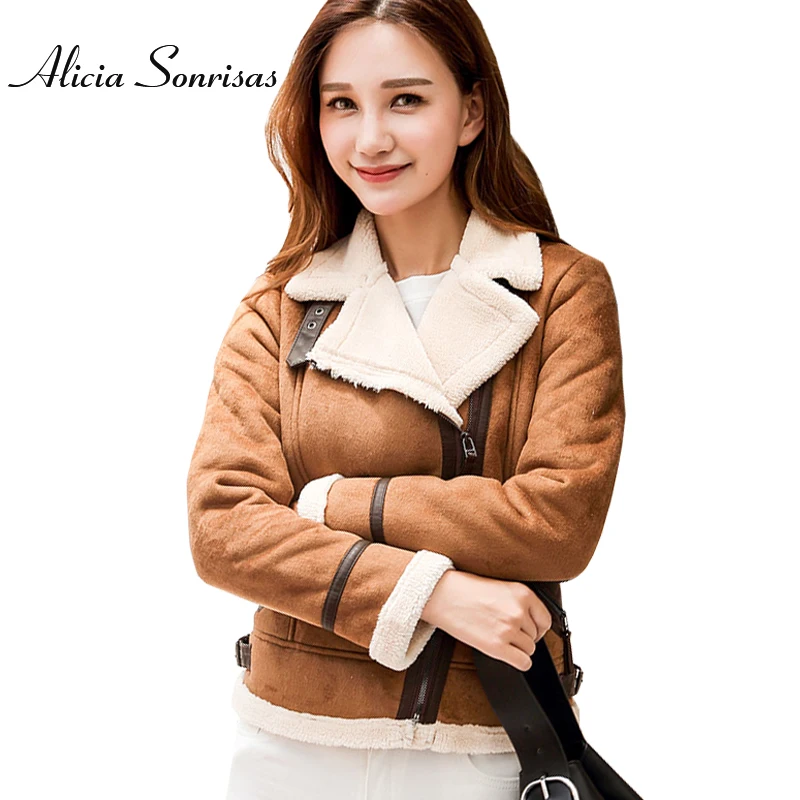 

Women Faux Sheepskin Shearling Coat New Warm Suede Motorcycle Lamb Fur Brown Leather Jacket AS3010