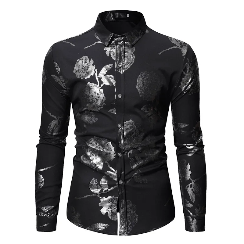 Мужские Блестящие Серебряные Роза фольга Slim Fit вечернее платье с длинным рукавом