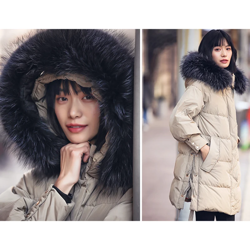 

Women Fashion Winter Feather Down jacket 100% Big fur collar Hat Warm Winter Big Coat Korean Quilted Overcoats real picture