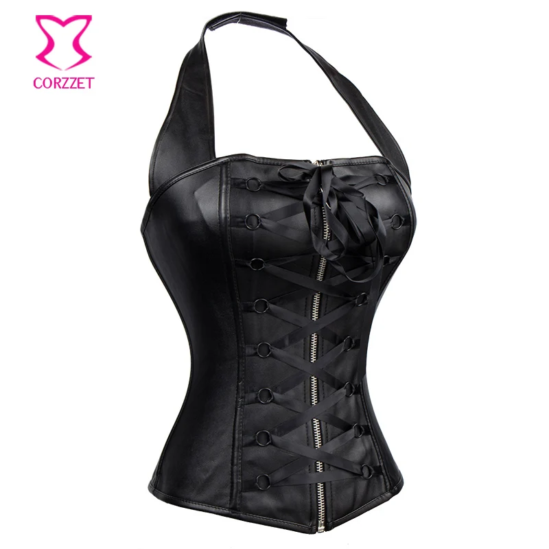 Черные кожаные готические корсеты сексуальный корсет на шнуровке бюстье топ