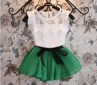 childrens wear new summer girls suit lace lace chiffon folding skirt two piece