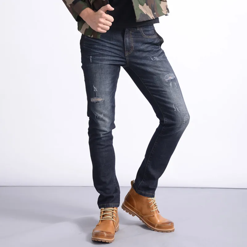 

Hot Sale 2017 Distressed Jeans Men Cotton Homme Slim Mens Famous Brand Clothing Solid Mid Midweight Winter Autumn Full Length
