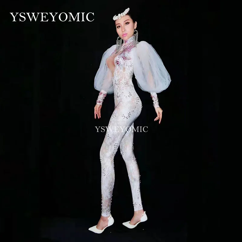 3D print White Color Lace Lady Performance Stage jumpsuit Long sleeve Sexy club Dance Costume Women Sexy Pole Bodysuit YSW6651