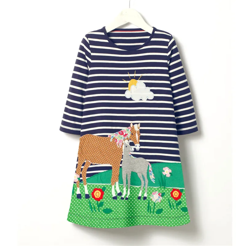 Jumping meters baby girl dresses long sleeve striped applique unicorn fashion cotton children clothes toddler frock kids | Детская