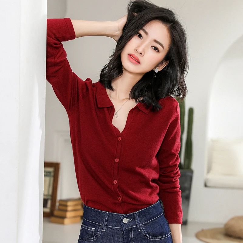 BARESKIY Cashmere sweater female spring new lapel round neck cardigan casual short pure color thin coat cashmere shirt |