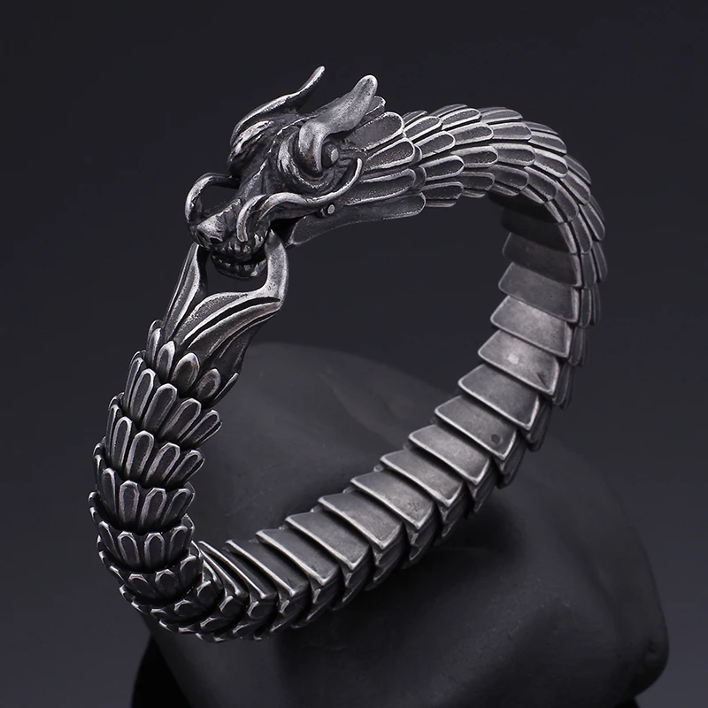 

HAOYI Fashion Stainless Steel Dragon Bracelet For Men Vintage Oxidized Black Metal Punk Cuff Jewelry Accessories