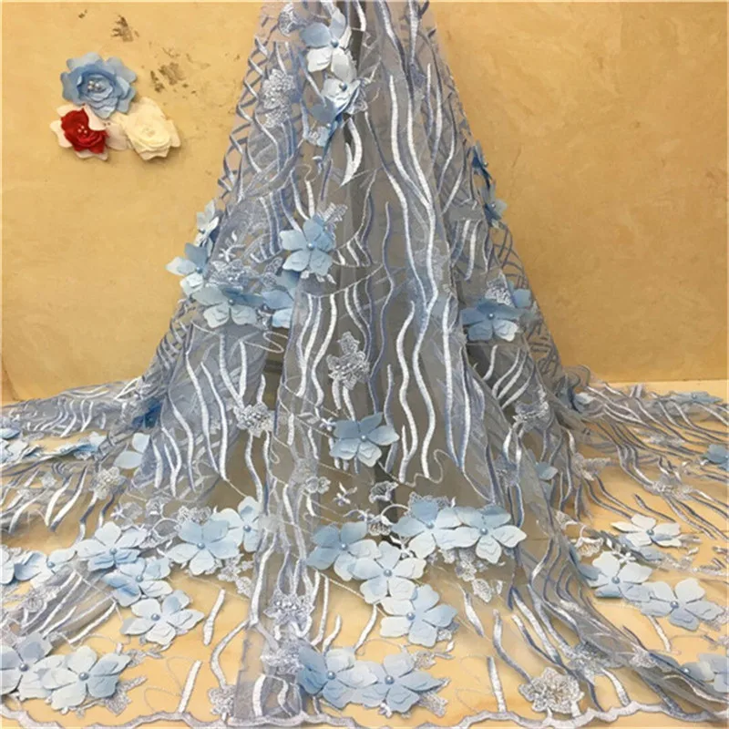 High Quality Tulle Lace 3d flower African Fabric With sky blue Beads French Wedding For 5yards pink | Дом и сад