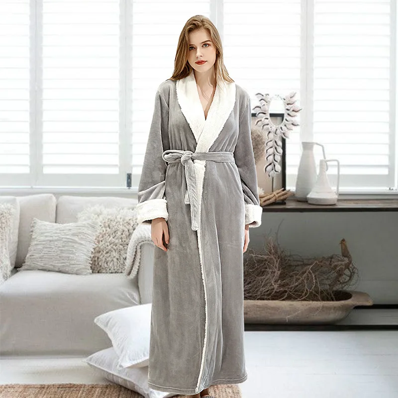 Gray women robe Зимний длинный халат, женский теплый халат, Женский банный халат, Пара толстых теплых полотенец для влюбленных, женское кимоно, пеньюар, Femme - Цвет: Gray women robe