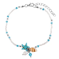 blue starfish stone simulated pearl little shell charms strand chain boho style anklets for women