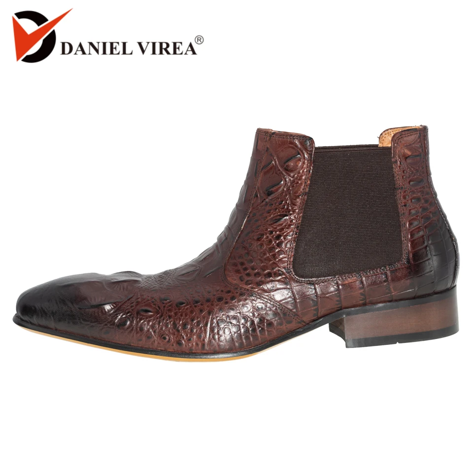 

Genuine Leather chelsea boots men fashion alligator print Pointed Toe ankle dress shoes