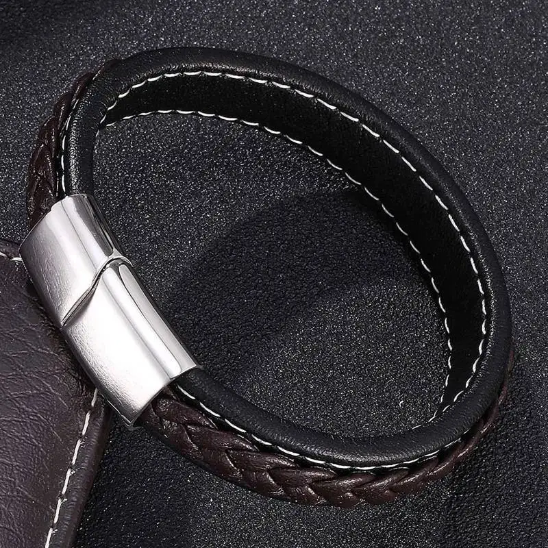 Кожаные браслеты для мужчин коричневый черный плетеный кожаный Шарм застежка из