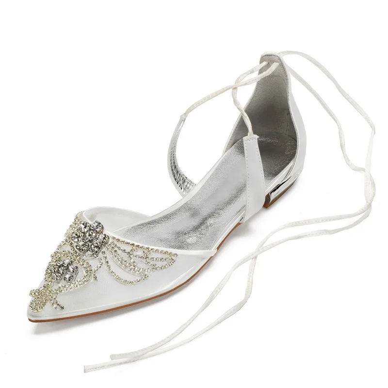 

Mesh Crystals Wedding Flats Shoes for Bride Pointed Toe Ankle Strap Rhinestones Prom Evening Bridesmaid Dress Shoes Flats