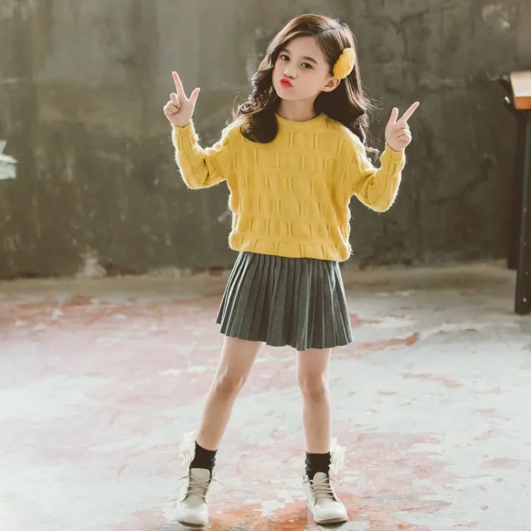 Комплекты одежды для девочек модный школьный наряд Детский свитер + юбка