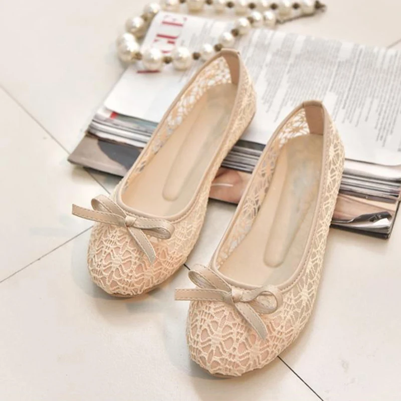 Beige Bow Модные женские балетки на плоской подошве; Женская Весенняя повседневная обувь на плоской подошве; милые женские летние туфли с бантом; повседневная обувь размера плюс - Цвет: Beige Bow