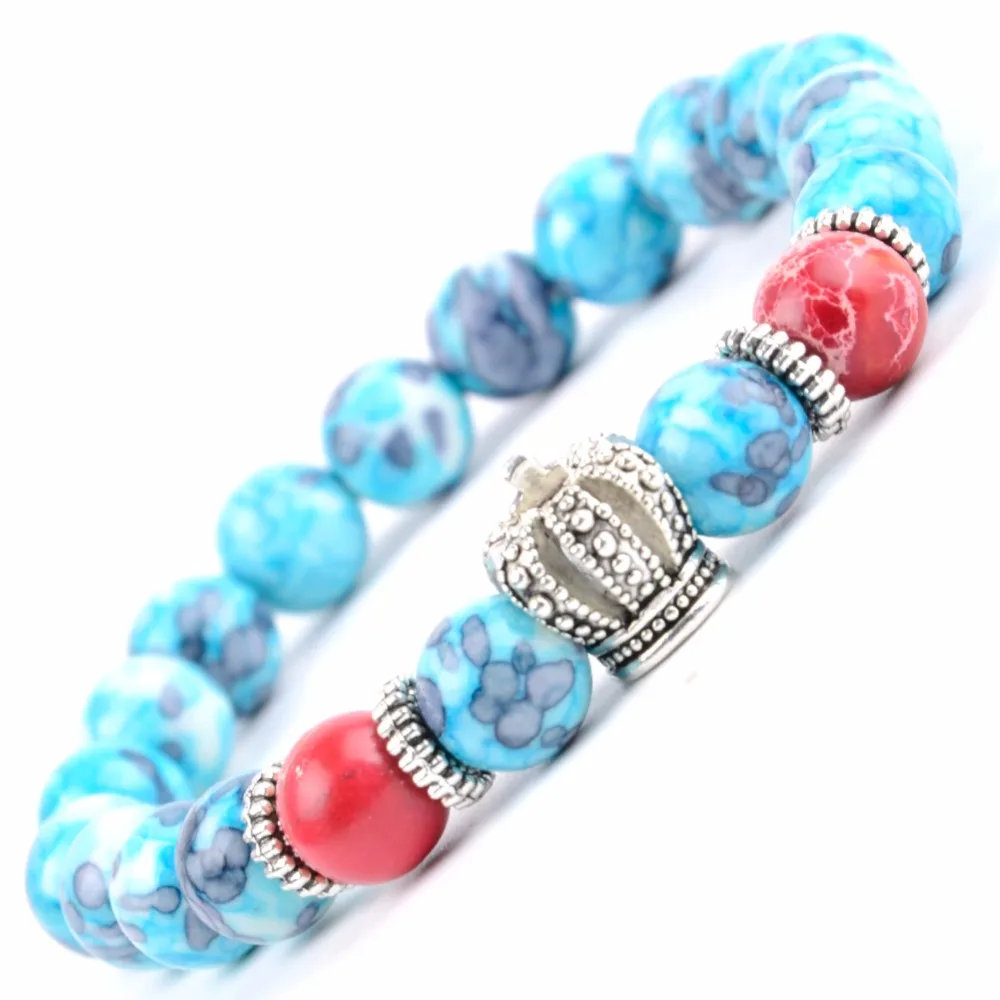 Trendy Crown Charm Bracelets For Women India Agates Jaspers Stone Beaded Bracelet Men Wristband Jewelry Wholesale Pulseras | Украшения и