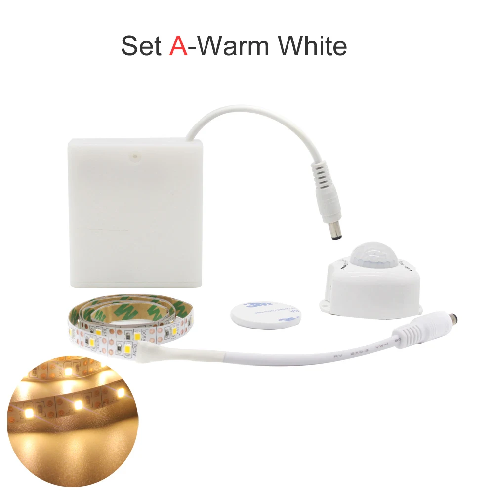 Set A Warm White Светодиодная лента с питанием от аккумулятора, датчик движения, 5 В, SMD 2835, 5 м, Светодиодная лента с питанием от аккумулятора, инфракрасная Светодиодная лента, инфракрасный шкаф, ночник - Испускаемый цвет: Set A Warm White