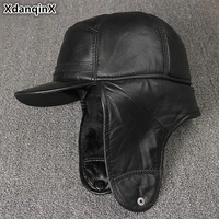 xdanqinx genuine leather hat for men winter warm bomber hats earmuffs plus velvet thick sheepskin hooded ski cap dad winter caps