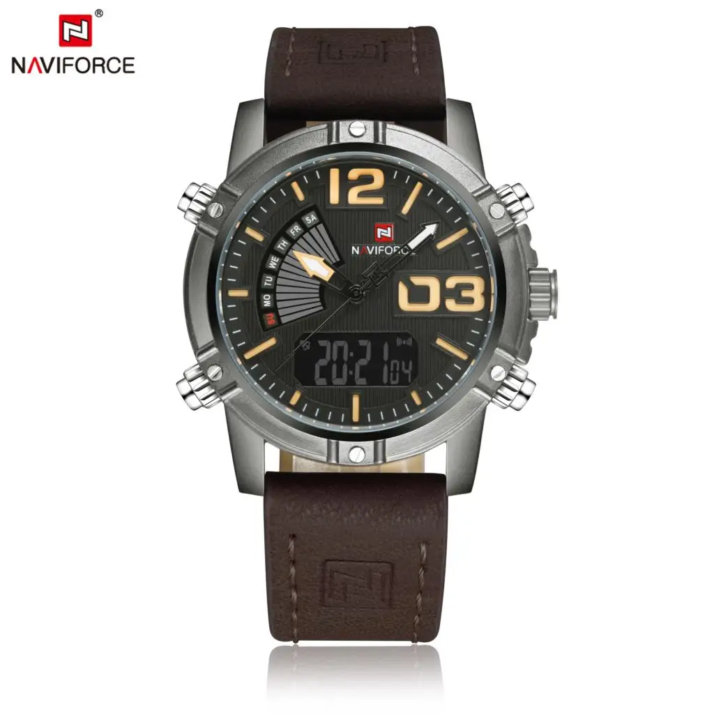 NAVIFORCE мужские модные спортивные часы, мужские кварцевые аналоговые часы с датой, мужские кожаные военные водонепроницаемые часы, Relogio Masculino - Цвет: khaki