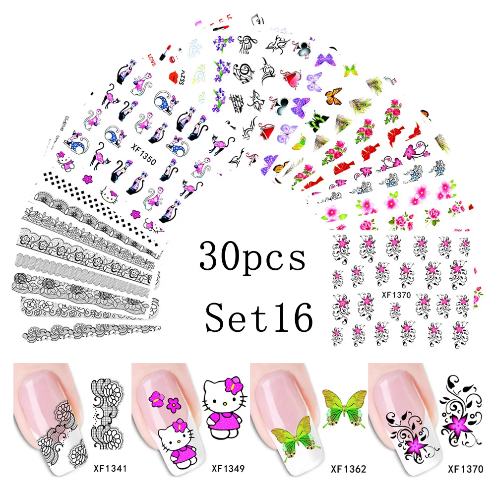 SET 16 Bittb 30 шт. наклейка с цветком для ногтей наклейки цветочный дизайн ногтей наклейки s татуировки переводные Ногти украшения маникюрные инструменты - Цвет: SET 16