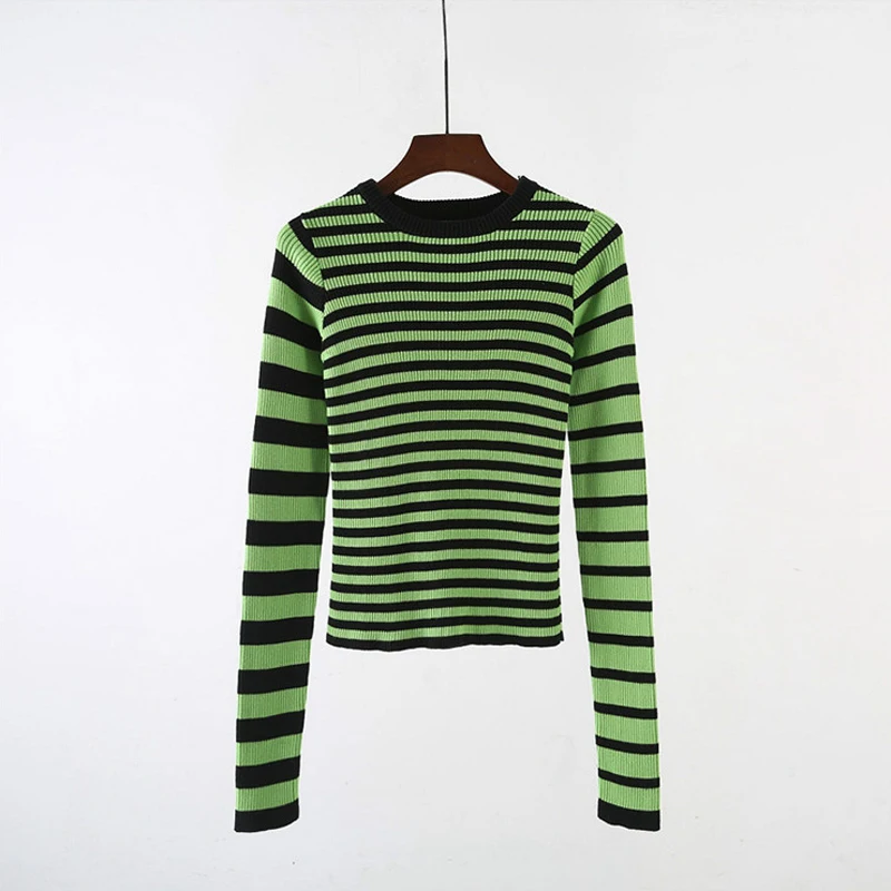 Женские пуловеры в зеленую полоску винтажные облегающие свитера с круглым