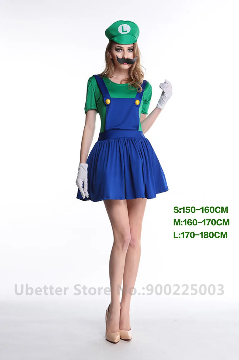 Women Green Halloween Cosplay Super Mario Bros Costume For Kids Adults Funny Party Wear Cute Plumber Mario Luigi Set Children Clothes C011 - Color: Women Green