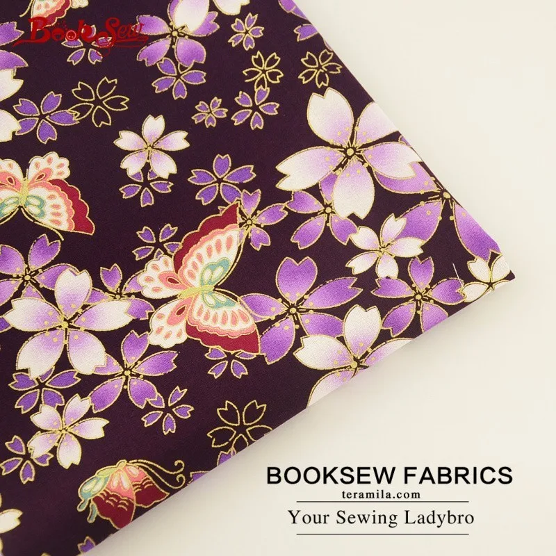 Хлопчатобумажная льняная ткань Booksew с бабочками и цветами Золотая фольга для
