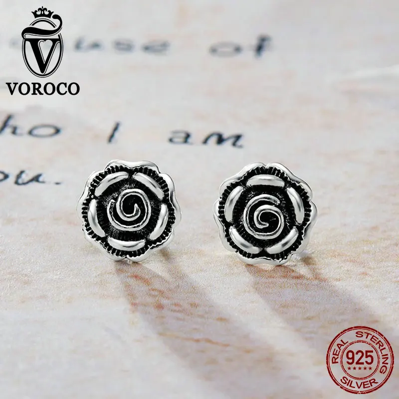 VOROCO, 925 пробы, серебряные серьги, Винтажные серьги-гвоздики в виде цветка розы для женщин, трендовые Свадебные Роскошные ювелирные изделия, подарок VSE024