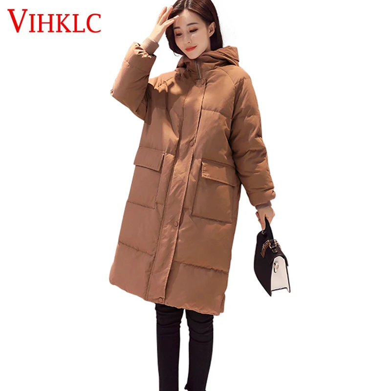 2017 Женское зимнее пальто средней длины однотонная свободная Толстая теплая