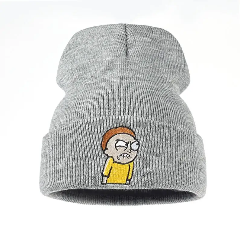Серый Вязаная шапка Angry marty, новинка, шапка Rick and marty, теплая зимняя шапка Skullies, изысканная вышивка, для спорта на открытом воздухе, для катания на лыжах, вязаная шапка - Цвет: Серый