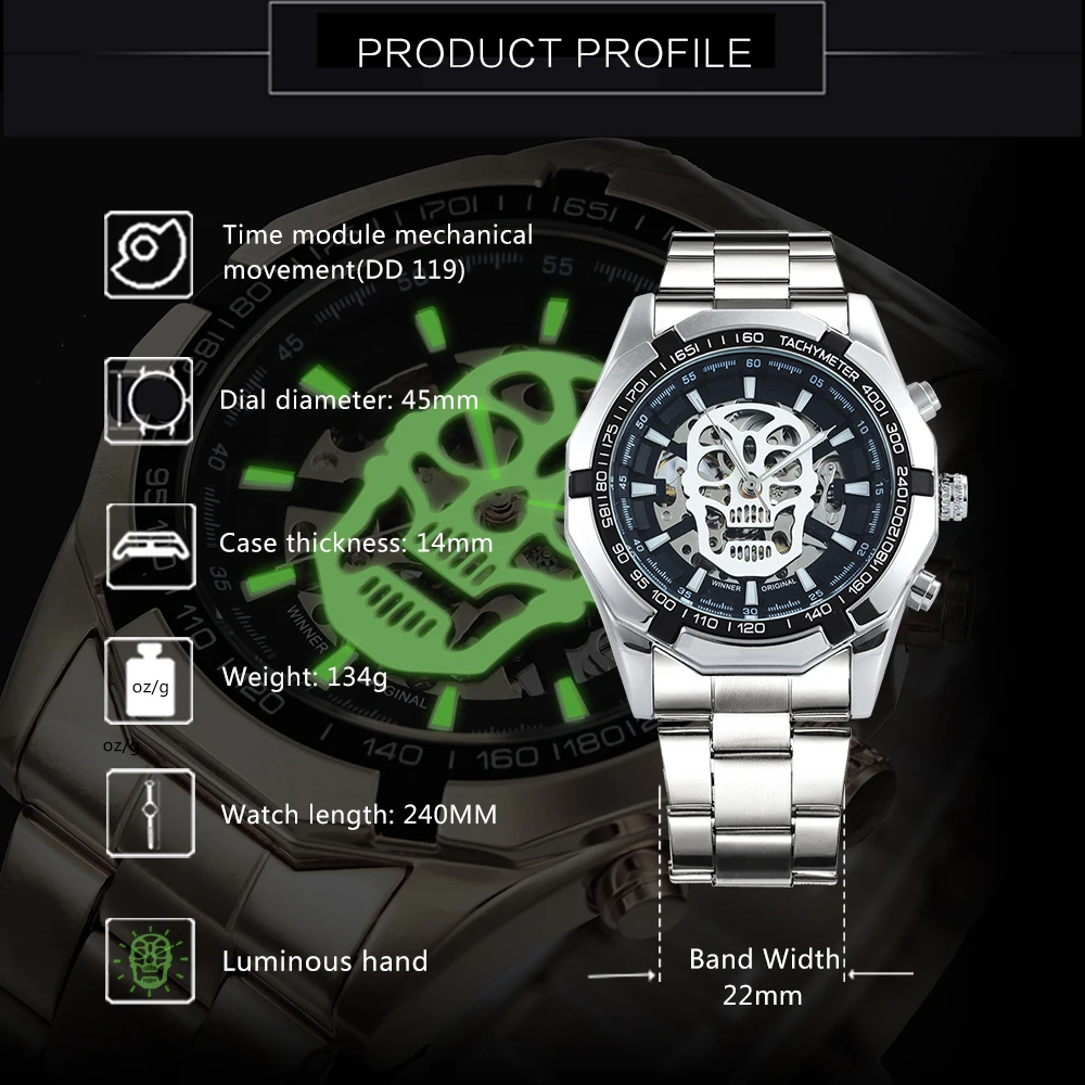 WINNER новые модные механические часы для мужчин череп дизайн лучший бренд класса люкс Золотой Нержавеющая сталь ремешок Скелет Человек Авто наручные часы