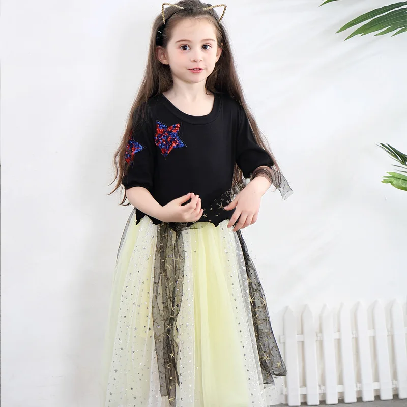 black long-dress age for 3 - 12 yrs little girls shine sequin lace evening party gowns 2019 autumn winter knit christmas frocks | Детская