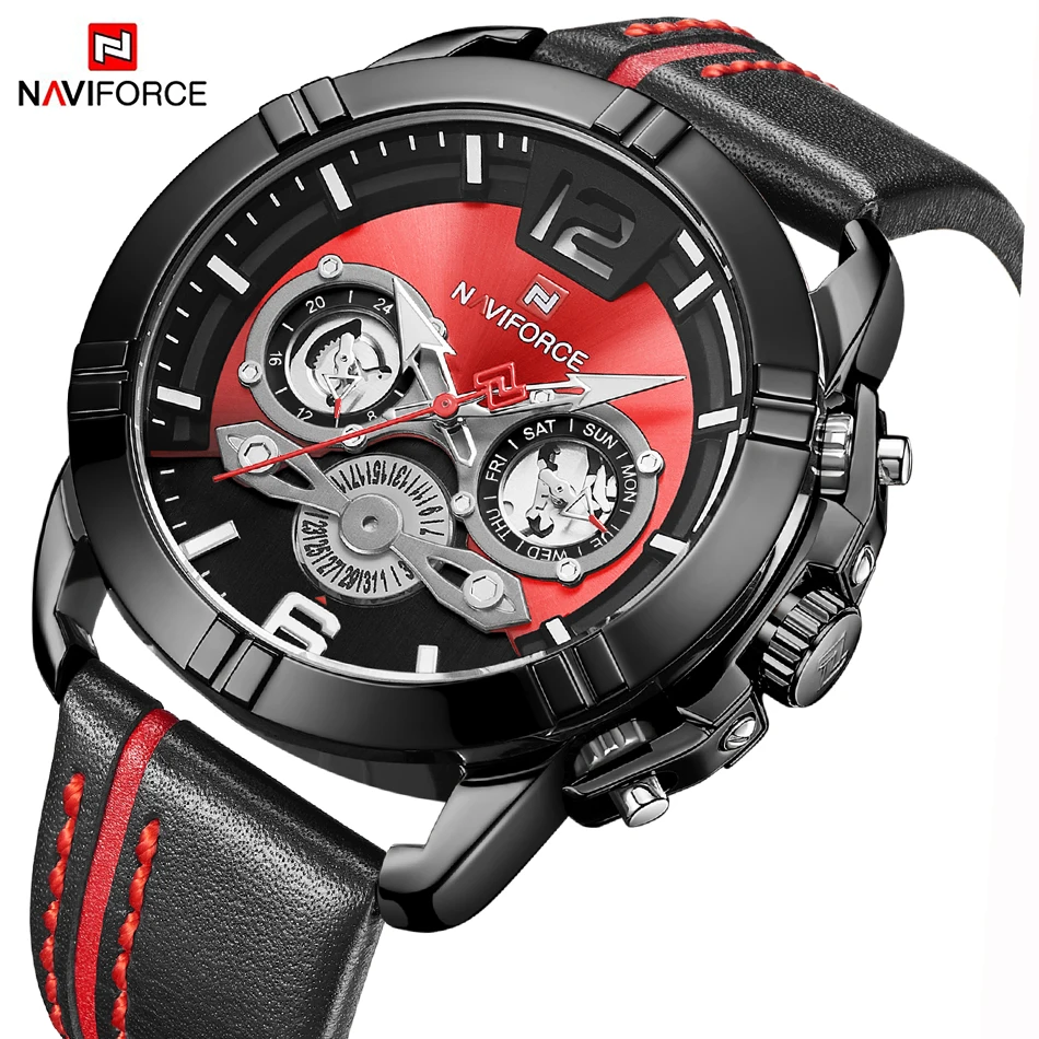 Мужские часы NAVIFORCE роскошные брендовые модные спортивные кварцевые с кожаным
