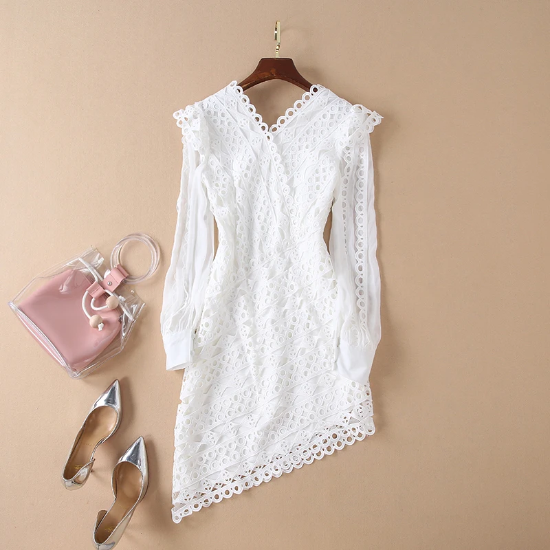 Женское асимметричное кружевное платье с длинным рукавом V_neck короткое выше