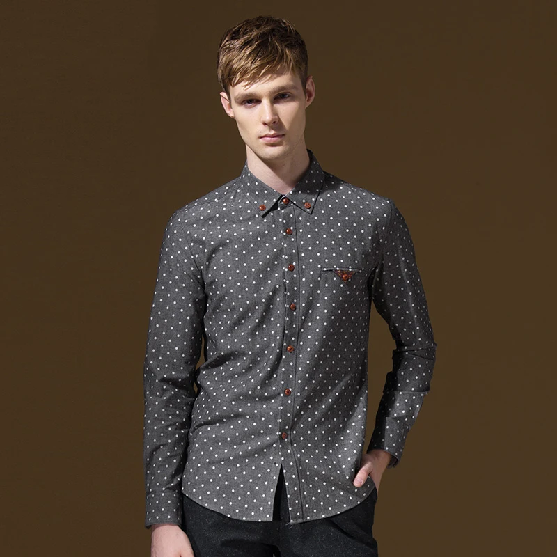 

100% Cotton Soft Spring Mens Clothes Dress Shirts Brand Clothing Casual Long Sleeve Men Shirt Slim Fit Polka Dot Printed Fashion