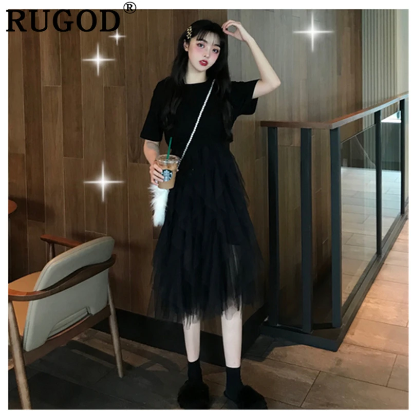 Женское плиссированное платье RUGOD Сетчатое лоскутное с высокой талией свободное