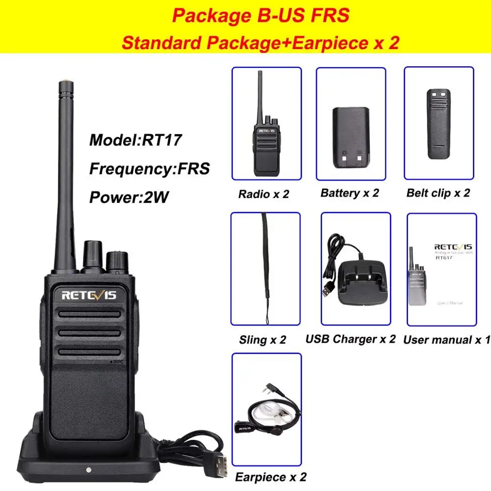 2 шт. Retevis RT617 рация радиостанция PMR446 FRS 16 каналов CTCSS/DCS TOT VOX сканирование двухстороннее радио портативный - Цвет: PKG B-US-earpiece