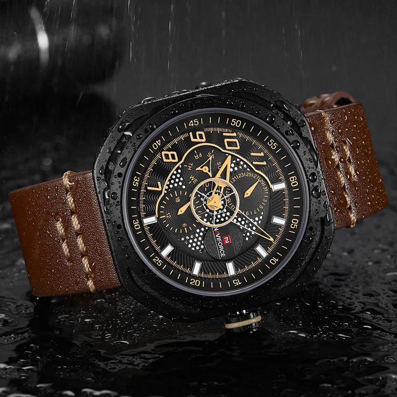 Часы NAVIFORCE мужские спортивные кварцевые водонепроницаемые с кожаным