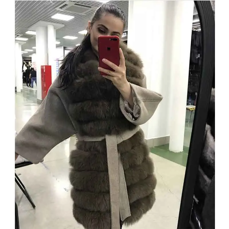 Tatyana Furclub, Женское шерстяное пальто, зимняя меховая куртка с лисьим меховым воротником, облегающая верхняя одежда, меховая парка, пальто для улицы - Цвет: Brown