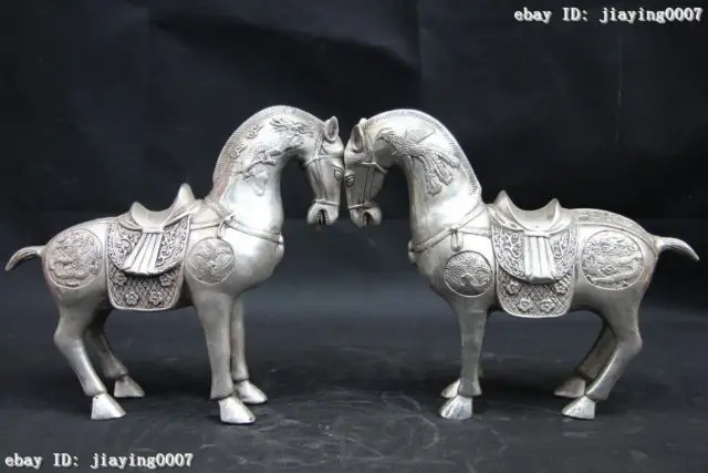 

China Royal White Copper Silver Feng Shui Lucky Dragon Phoenix Horse Steed Pair Garden Decoration 100% real Brass Bronze