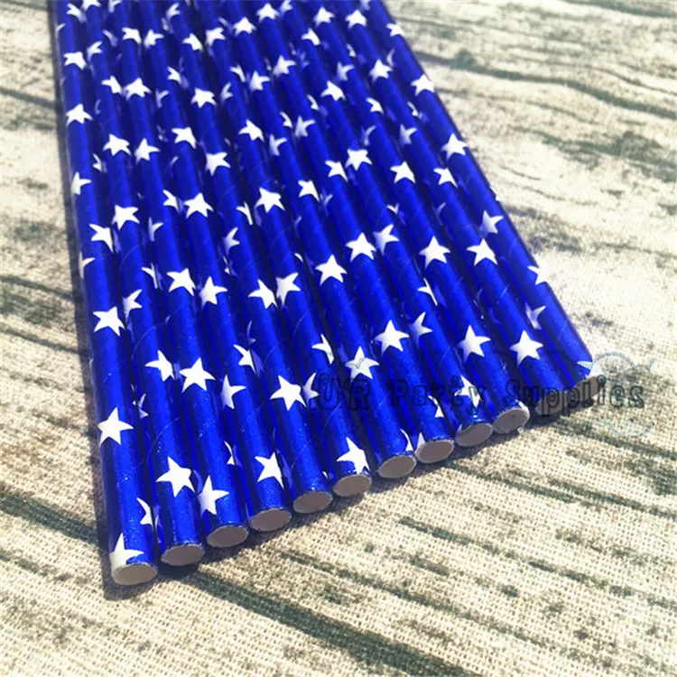 500 шт. бумажные соломинки из фольги синие с белыми звездами патриотивечерние