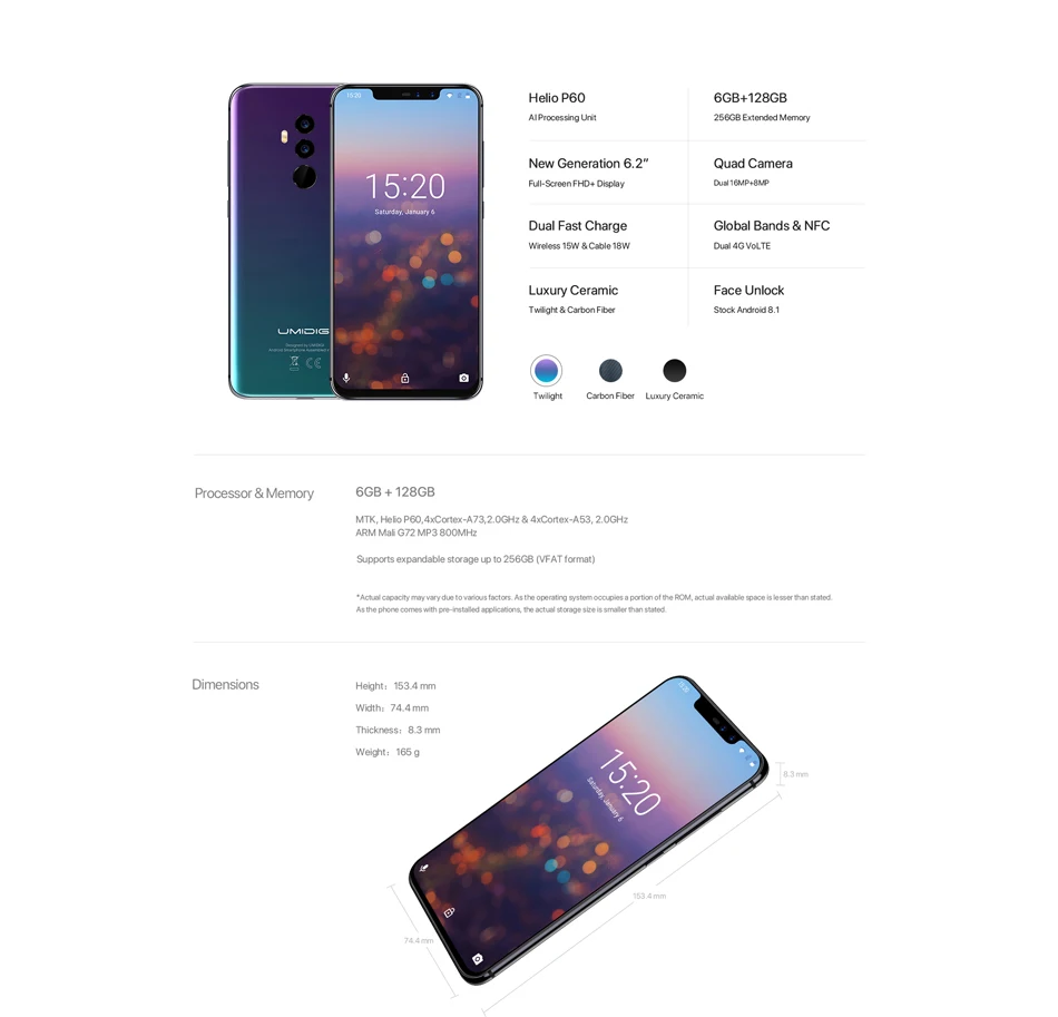 UMIDIGI Z2 Pro 6 ГБ+ 128 ГБ 6," полный Экран Смартфон Android 8,1 Helio P60 Quad линзы 4G NFC, LTE Беспроводной зарядки мобильного телефона NFC