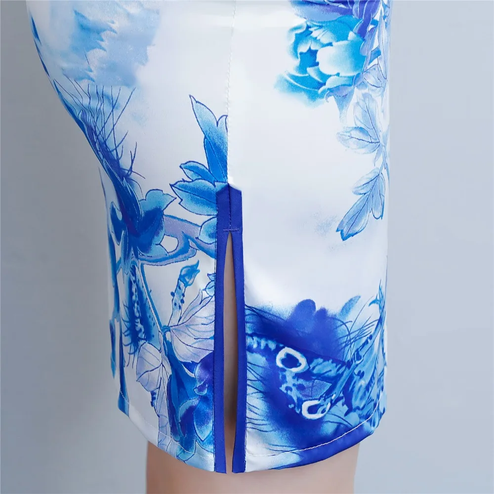 Шанхай история Синий принт белый Qipao искусственного шелка китайский Восточный