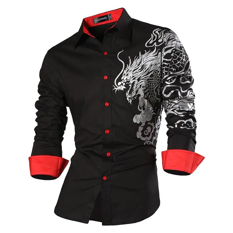 Sportrendy Men's Shirt Dress Casual Long Sleeve Slim Fit Fashion Dragon Stylish JZS041